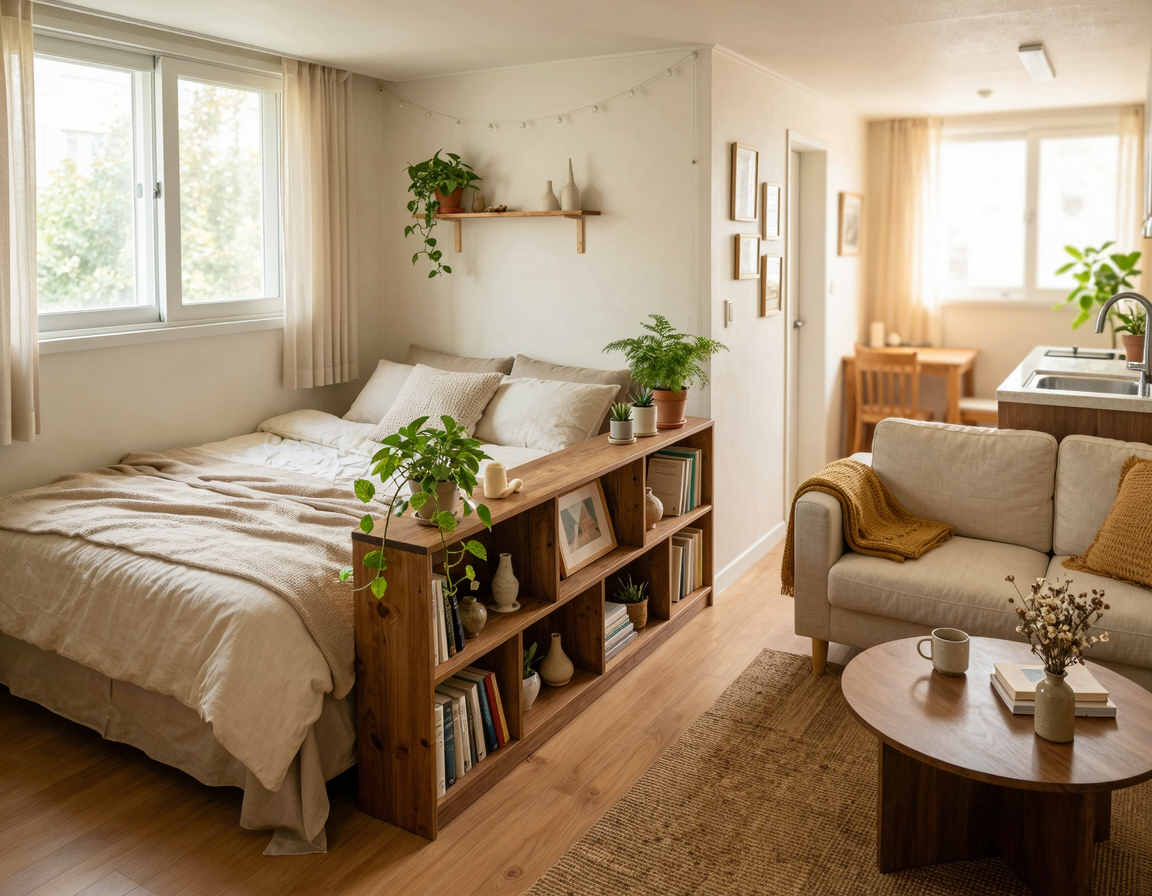 낮은 수납장으로 공간을 분리한 5평 원룸 인테리어