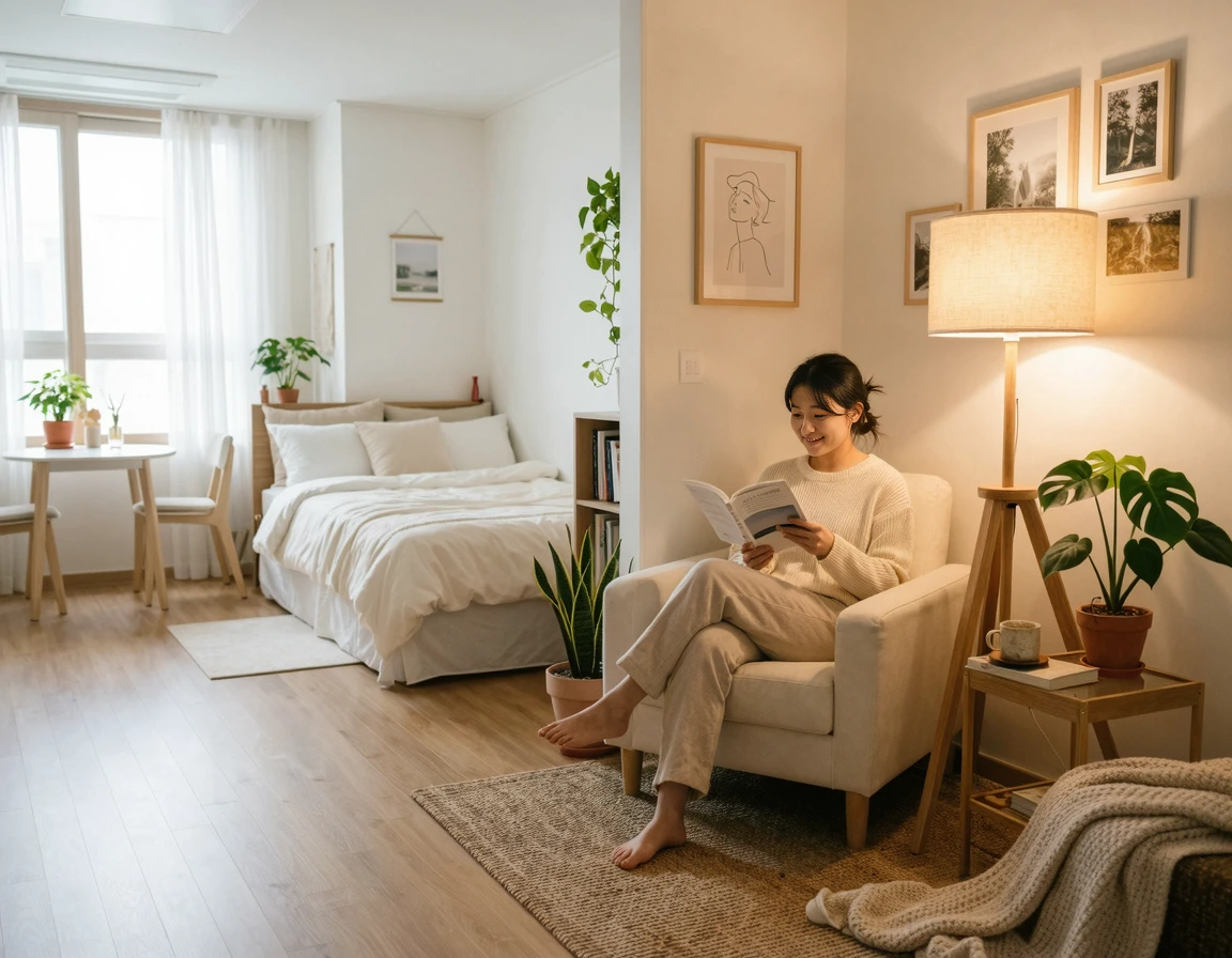 밝은 톤의 가구와 플로어 조명으로 꾸민 아늑한 원룸