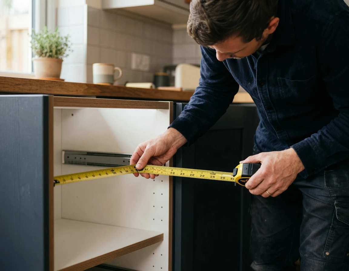 싱크대 하부장 내부 규격을 줄자로 실측하는 모습