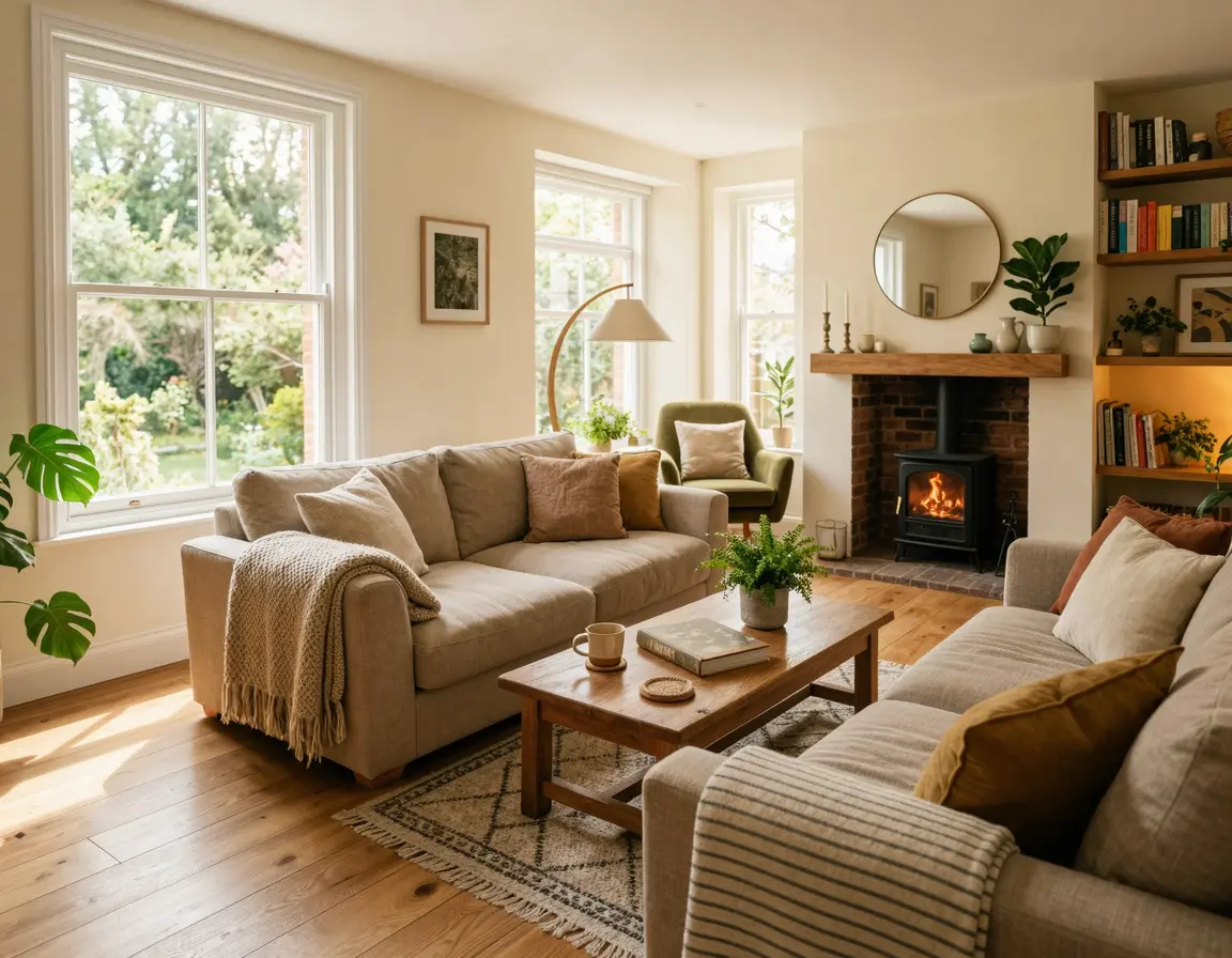 따뜻한 느낌의 강마루가 시공된 거실 인테리어