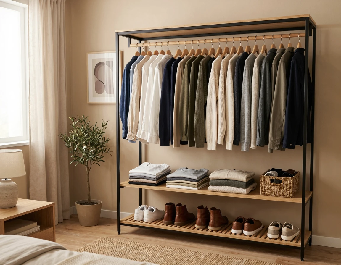 깔끔하게 정리된 좁은 방 시스템 행거