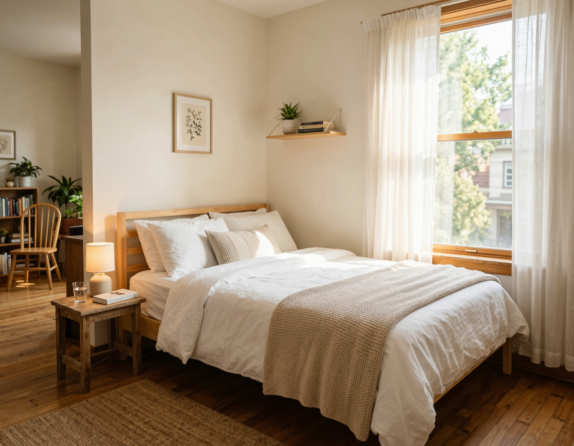 창가 구석에 깔끔하게 배치된 원룸 침대