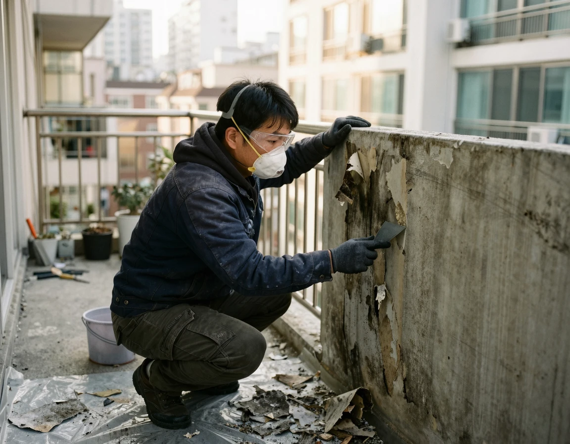 스크래퍼를 이용해 베란다 벽지를 제거하는 과정