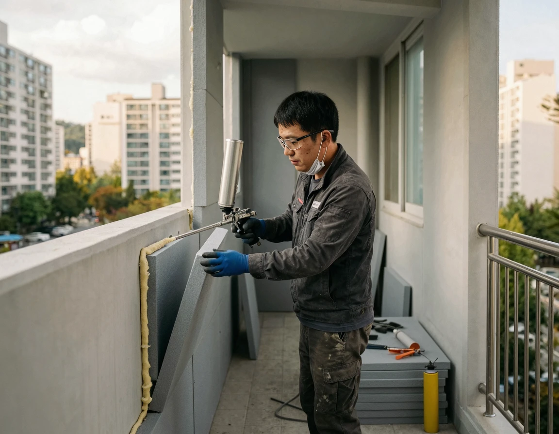 벽면에 단열재를 부착하고 우레탄 폼을 시공하는 모습