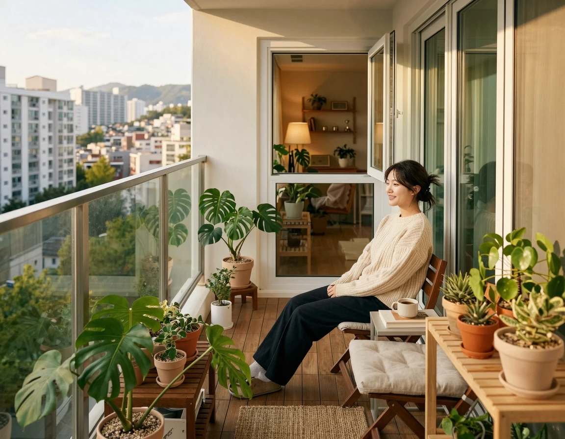 환기를 위해 창문을 열어둔 깨끗한 베란다 전경