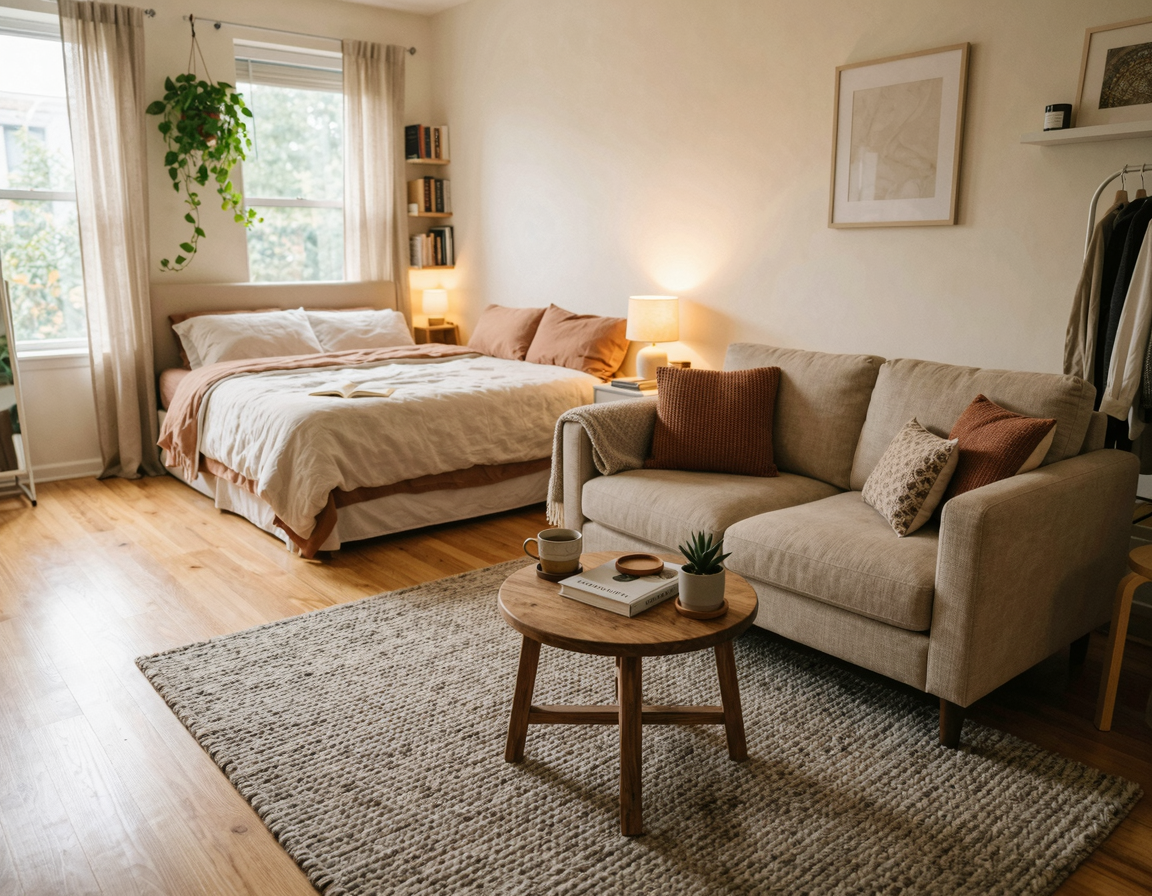 좁은 원룸 공간 분리 인테리어: 가벽 없는 좁은 방 가구 배치