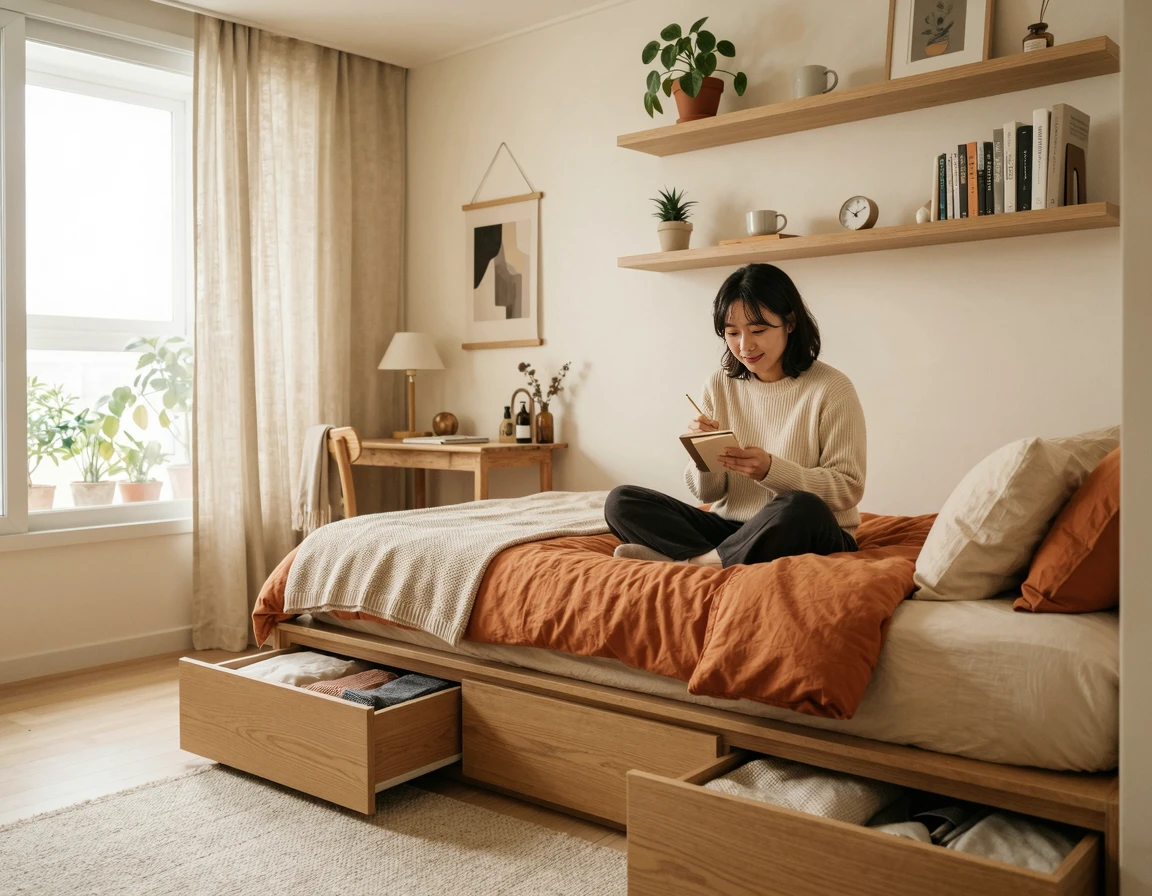 수납형 침대와 벽면 선반을 활용한 좁은 방 수납 아이디어