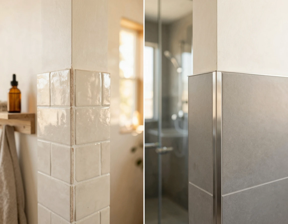 욕실 타일에 졸리컷 모서리와 슬림형 금속 코너비드 마감의 시각적 비교