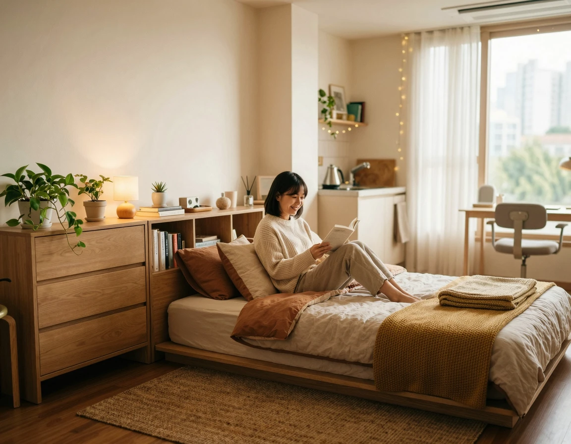 저상형 침대와 수납장과 같은 가구 배치된 원룸 인테리어