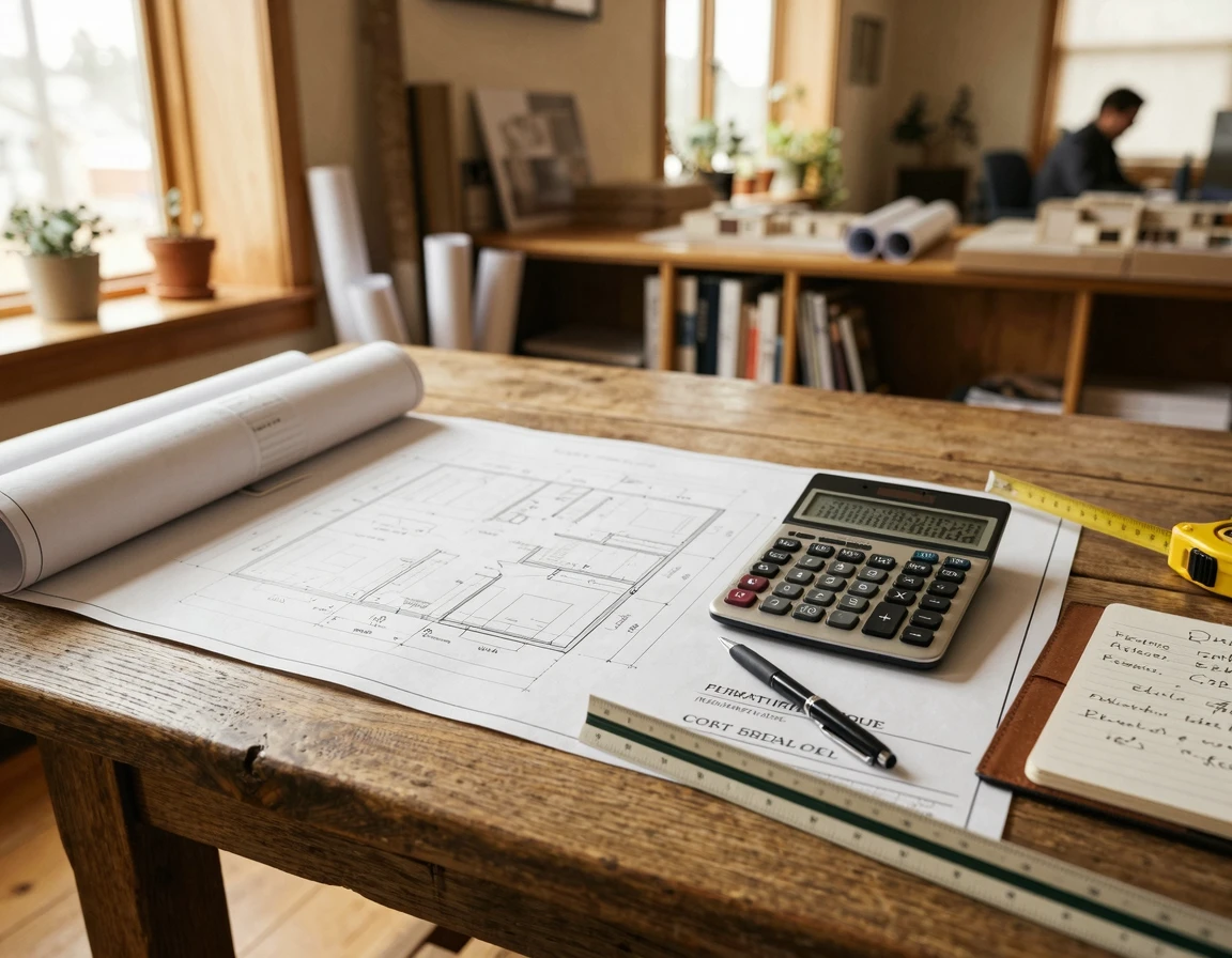 인테리어 비용 산정을 보여주는 설계 도면과 계산기