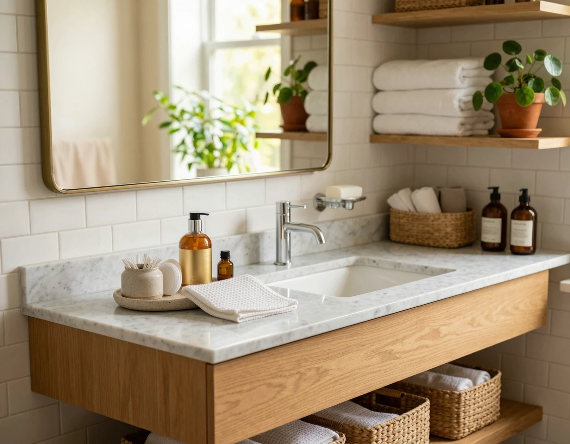 물기 없이 보송보송하게 관리된 건식 세면대 공간