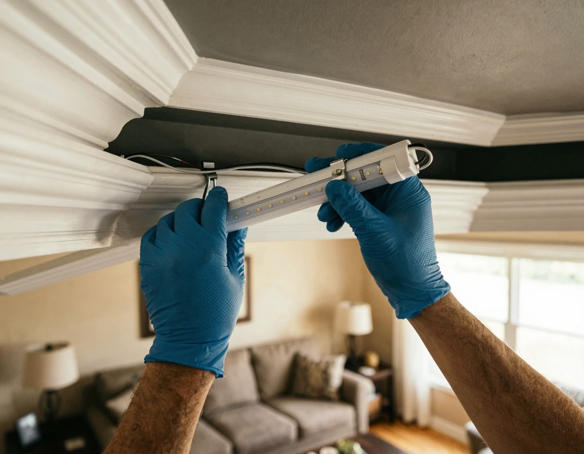 안전 장갑을 끼고 우물천장에 T5 LED를 설치하는 모습