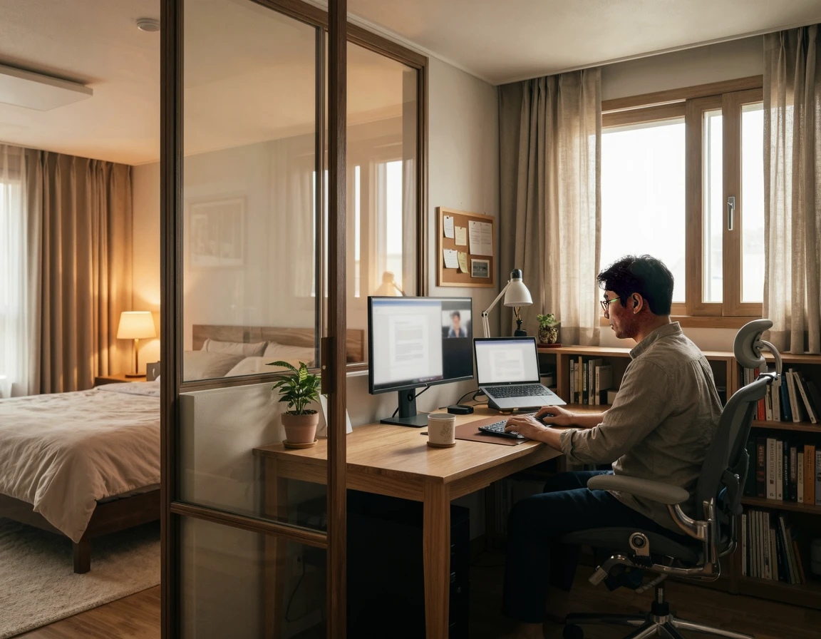 안방 알파룸 서재 인테리어: 홈오피스 책상 배치와 가벽 시공 비용