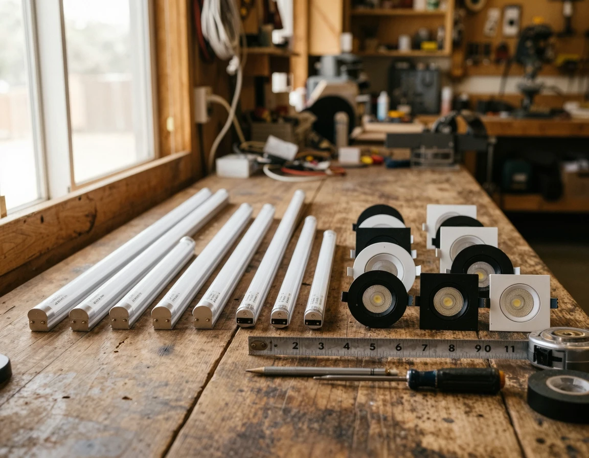 다양한 길이의 T5 LED 조명과 3인치 다운라이트 자재