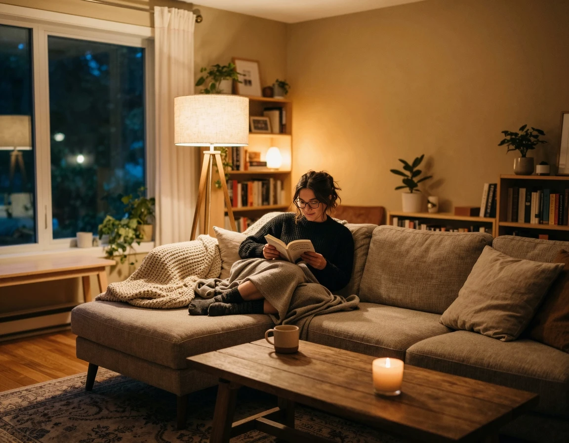 전구색 간접 조명으로 색온도를 아늑하게 연출된 저녁의 거실