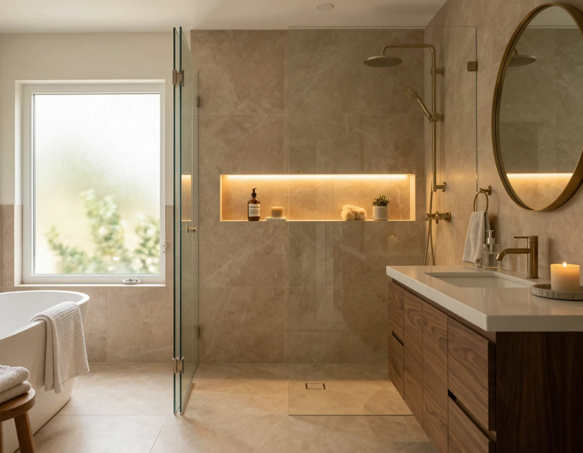 호텔식 건식 욕실 인테리어: 화장실 샤워부스 단차 시공