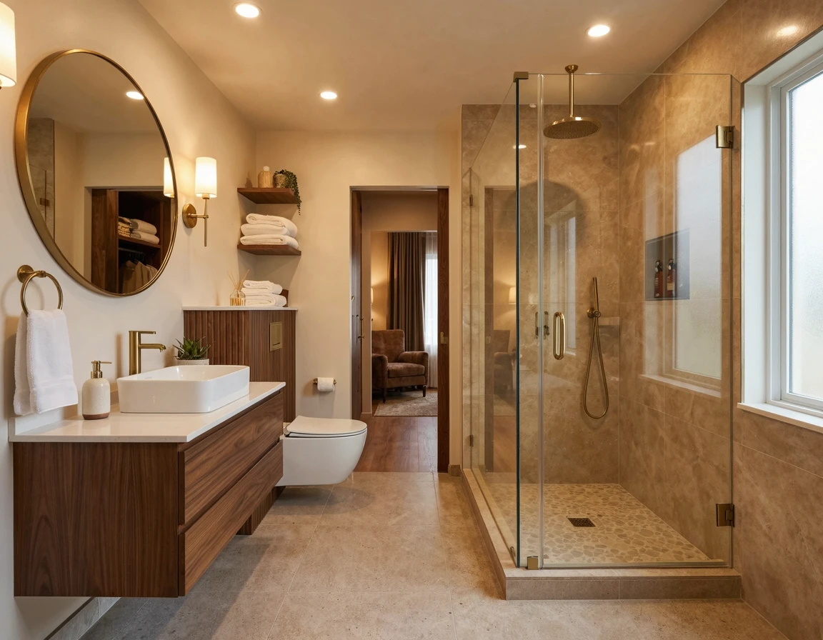 고급스러운 호텔식 건식 욕실 전경