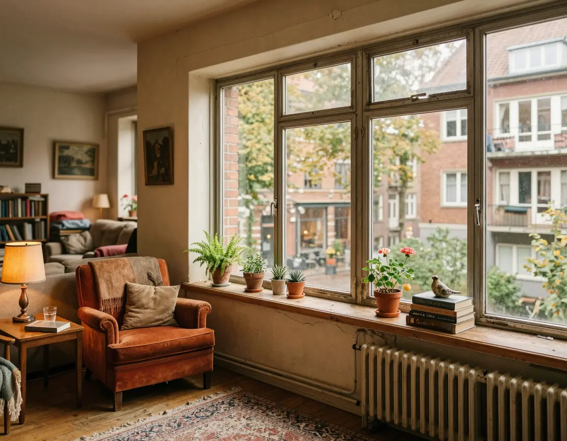 노후화된 알루미늄 샷시가 설치된 오래된 아파트 거실 모습