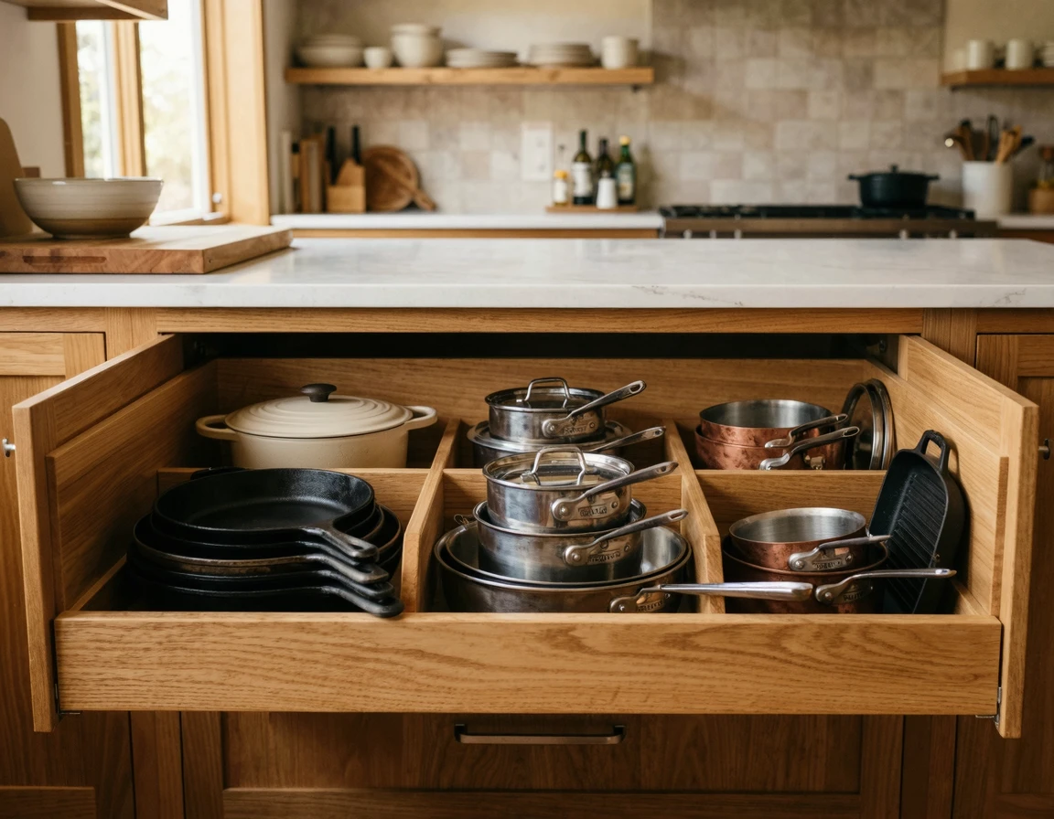 디바이더로 깔끔하게 정리된 풀익스텐션 서랍형 하부장 내부