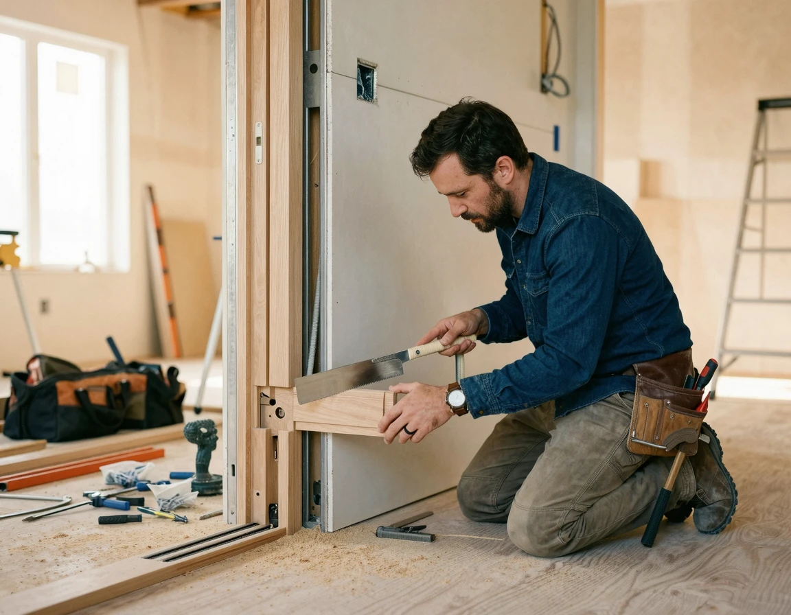 히든도어 목공 프레임 작업을 진행 중인 정밀한 시공 현장