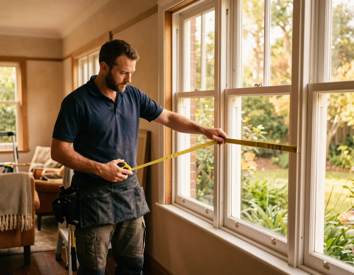 전문가가 줄자로 아파트 창호 사이즈를 실측하는 모습
