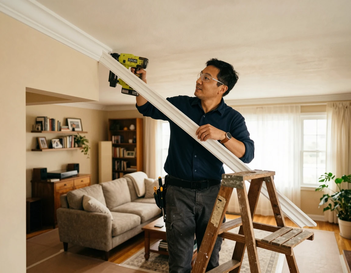 거실 천장에 전용 몰딩을 부착하는 모습