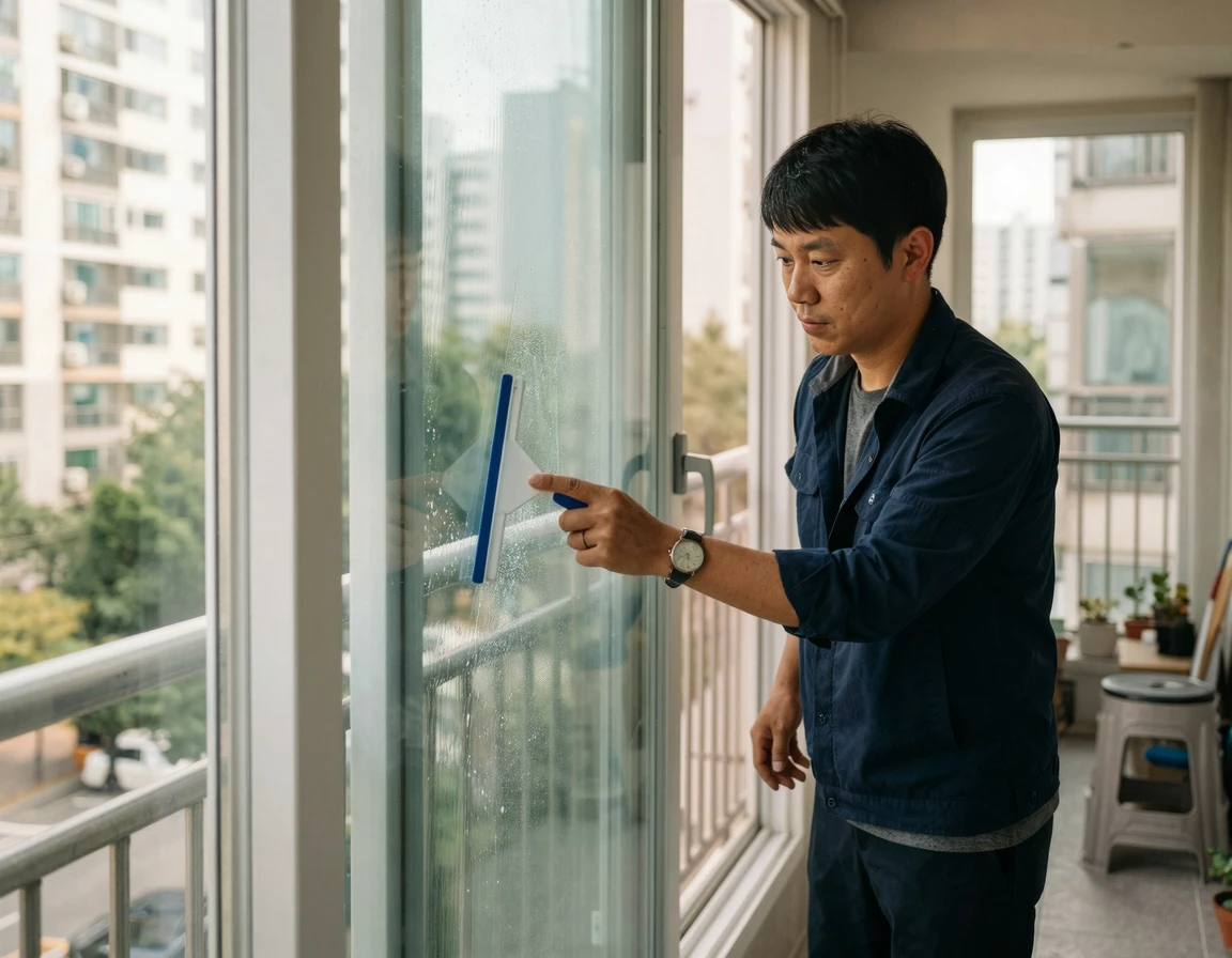 단열 필름 셀프 시공 중인 모습