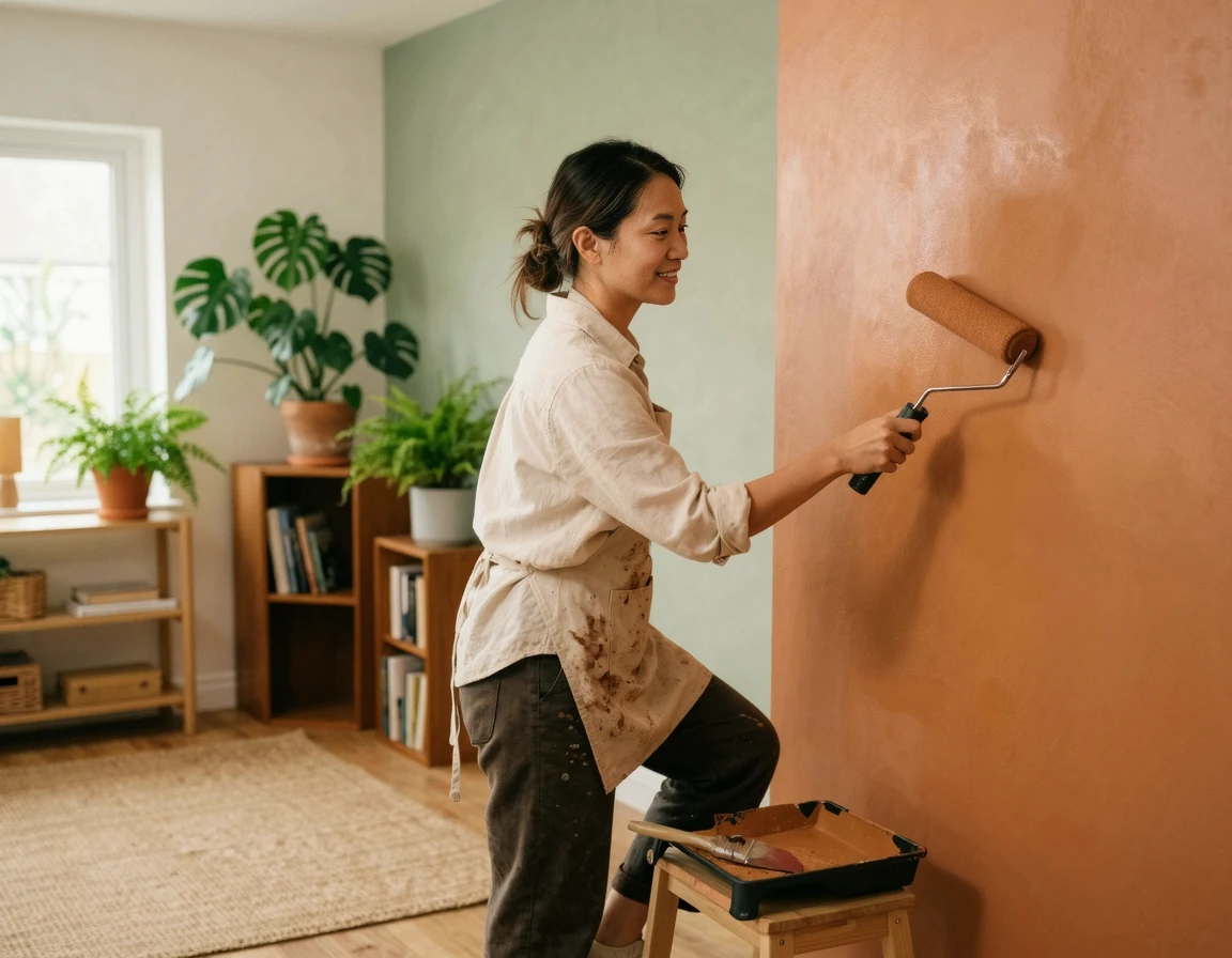 벽면에 천연 페인트를 시공하는 모습