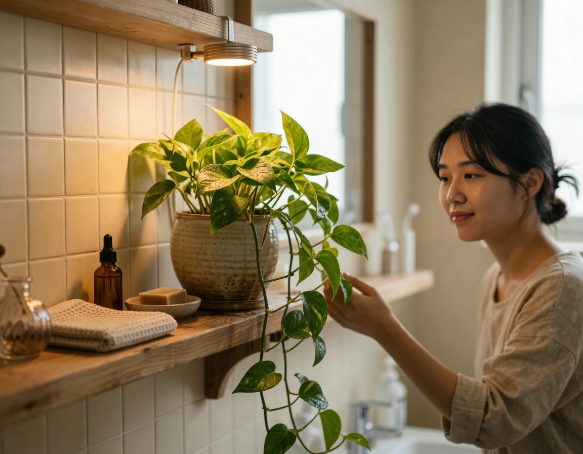 식물 생장용 LED 조명이 비추는 욕실 선반 위 화분