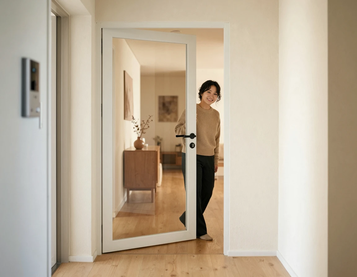 하부 레일 없이 깔끔하게 열린 화이트 프레임 원도어 스윙 중문