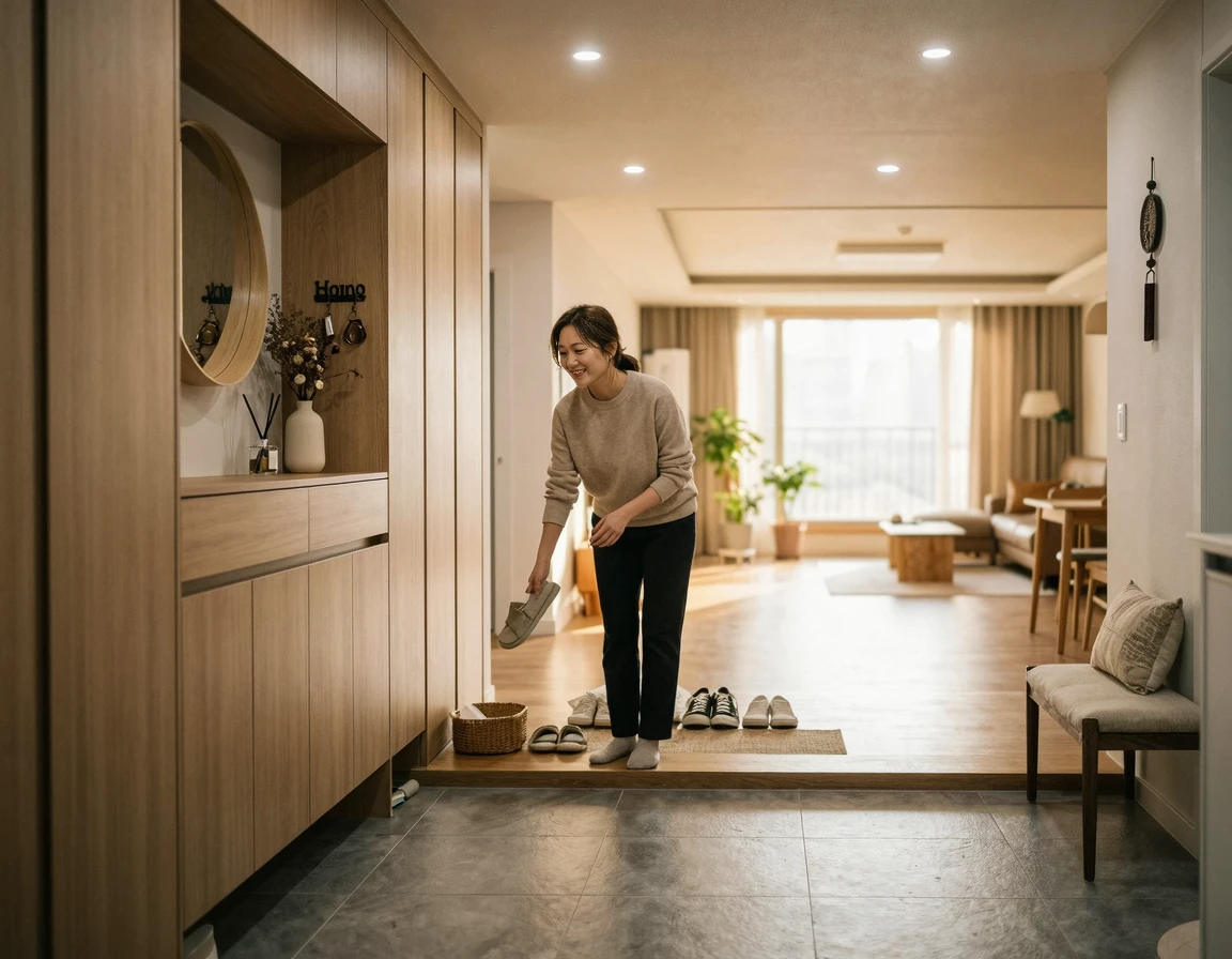 깔끔하고 아늑한 현대식 아파트 현관 인테리어 모습