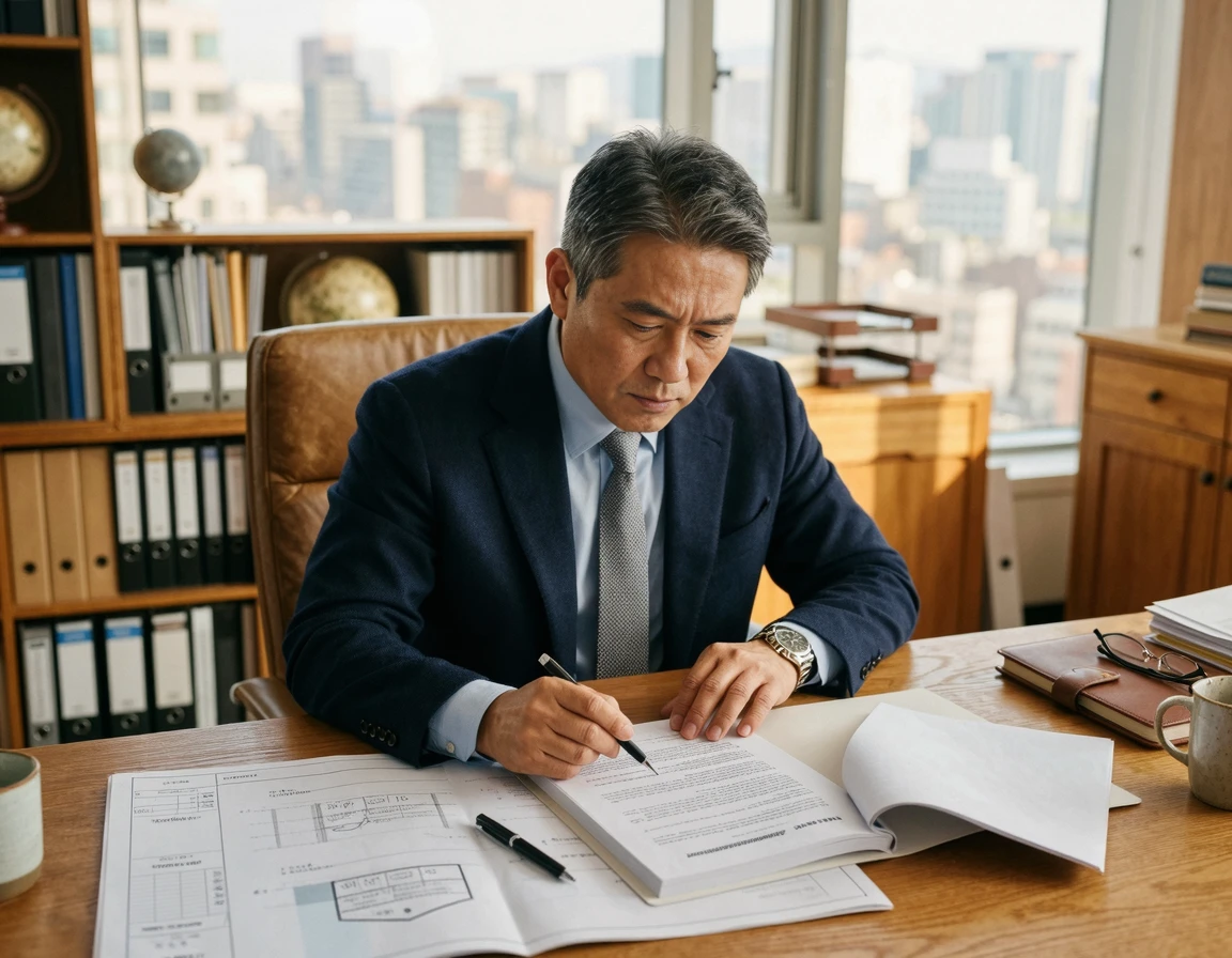 건설사에 제출할 하자 보수 서류와 도면을 진지하게 검토하는 모습