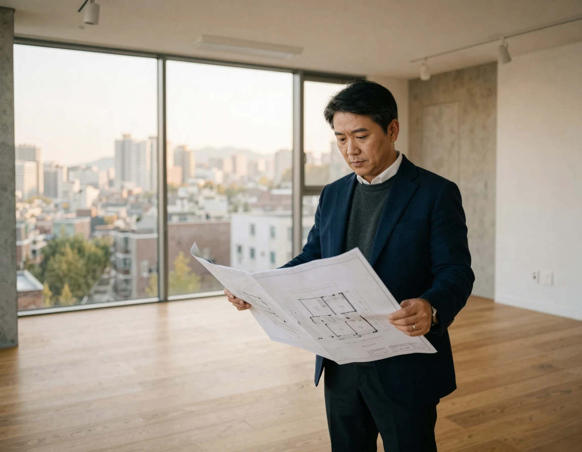 신축 아파트 도면을 확인하는 모습