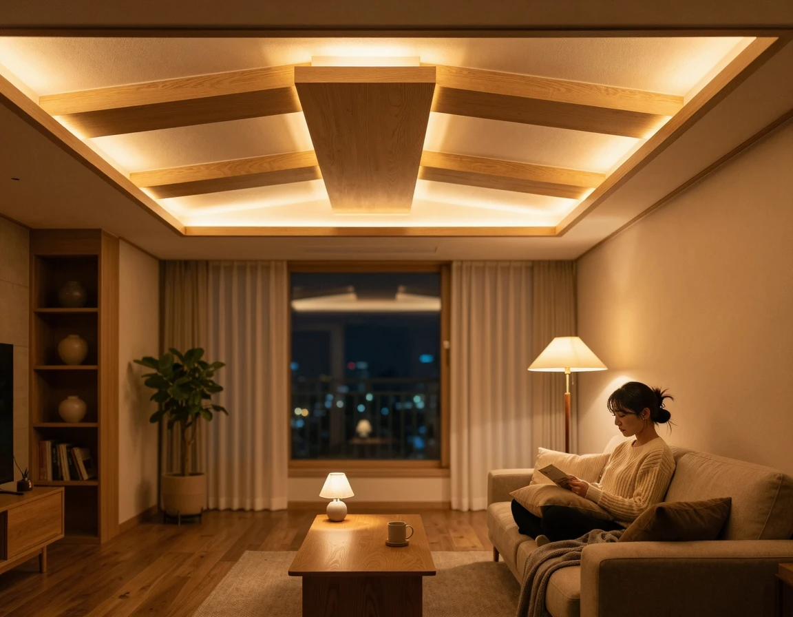 간접조명 설치가 완성된 따뜻한 분위기의 아파트 거실 천장