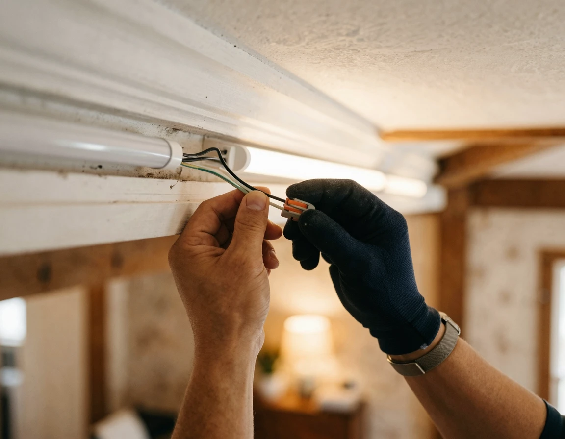 T5 조명과 전선을 커넥터로 연결하는 모습