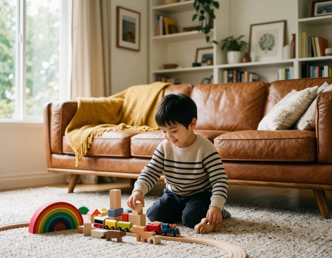 거실에 놓인 고급스러운 가죽 소파와 그 주변에서 노는 아이