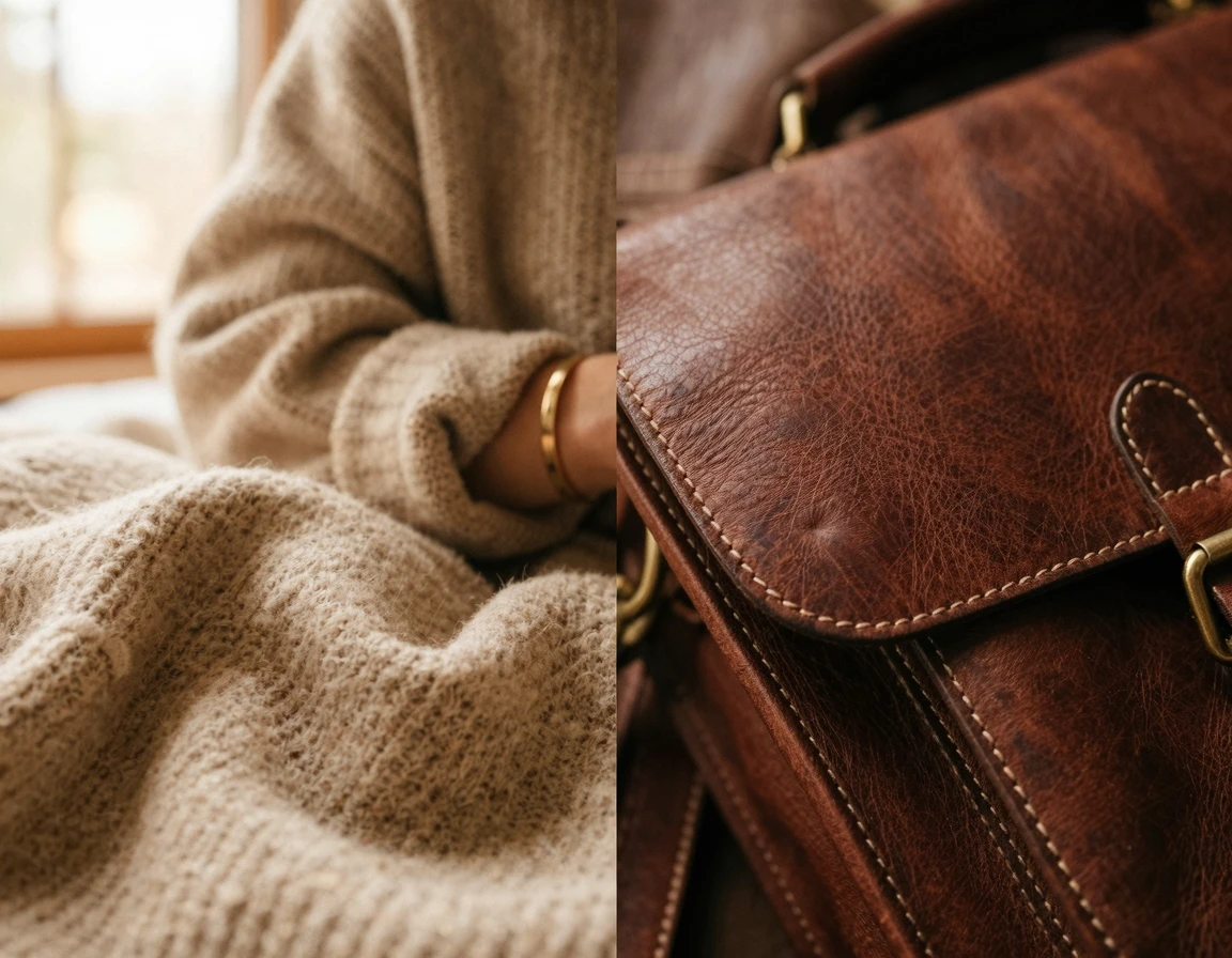 패브릭 원단과 가죽 원단의 질감을 비교하는 이미지