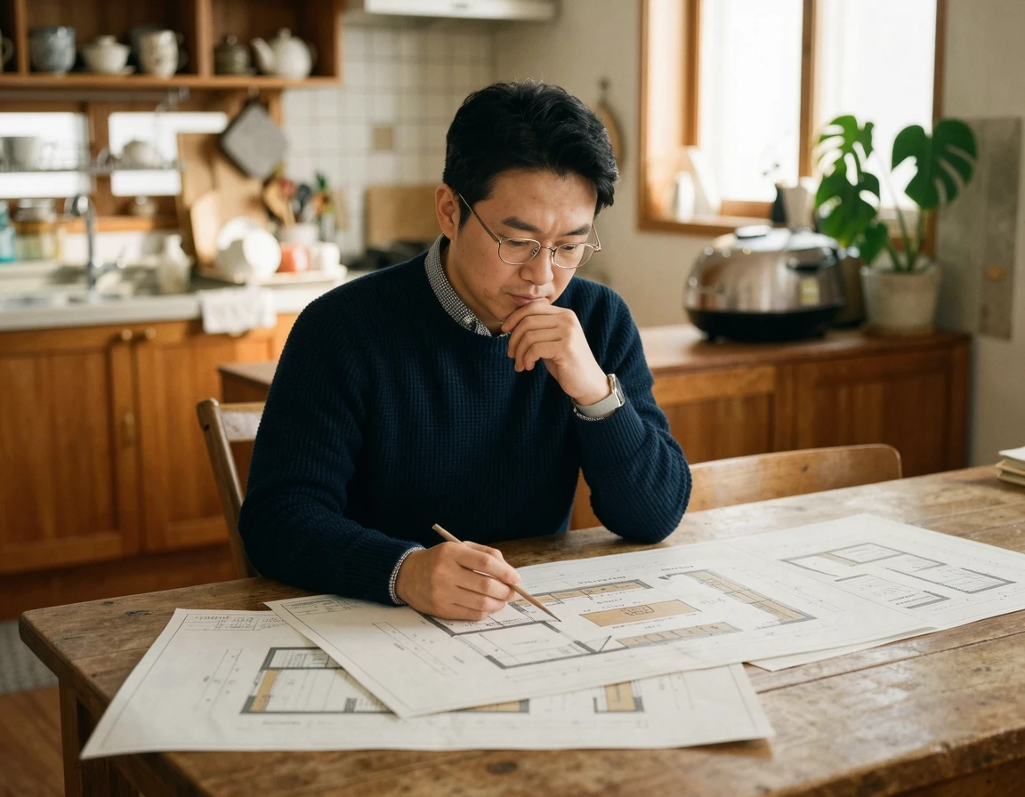 주방 도면을 보며 후드 교체를 고민하는 남성