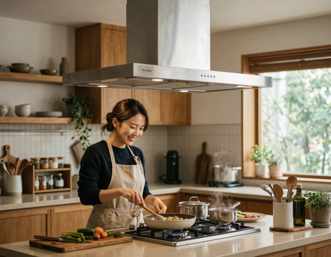 깔끔하게 설치된 덕트형 주방 후드