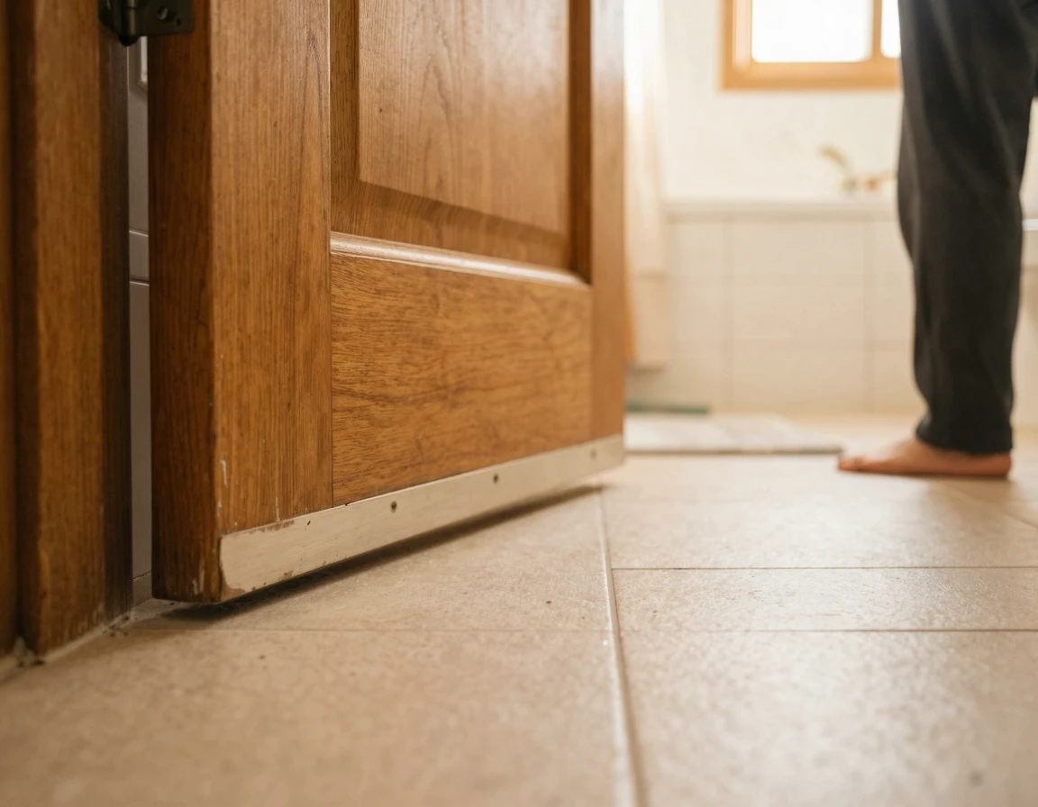 덧방 시공 후 바닥 타일과 화장실 문의 좁은 간격