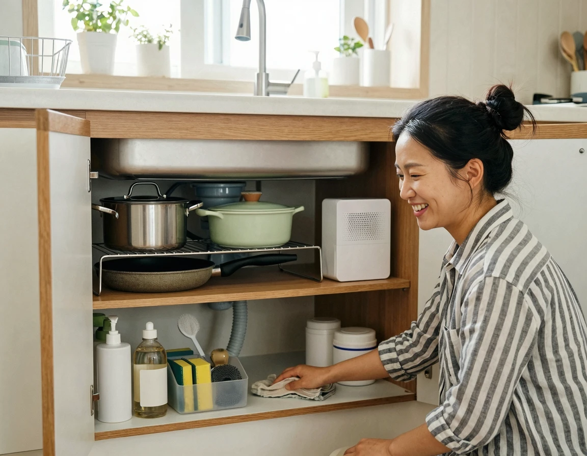 깔끔하게 정리되고 제습제가 비치된 하부장 내부