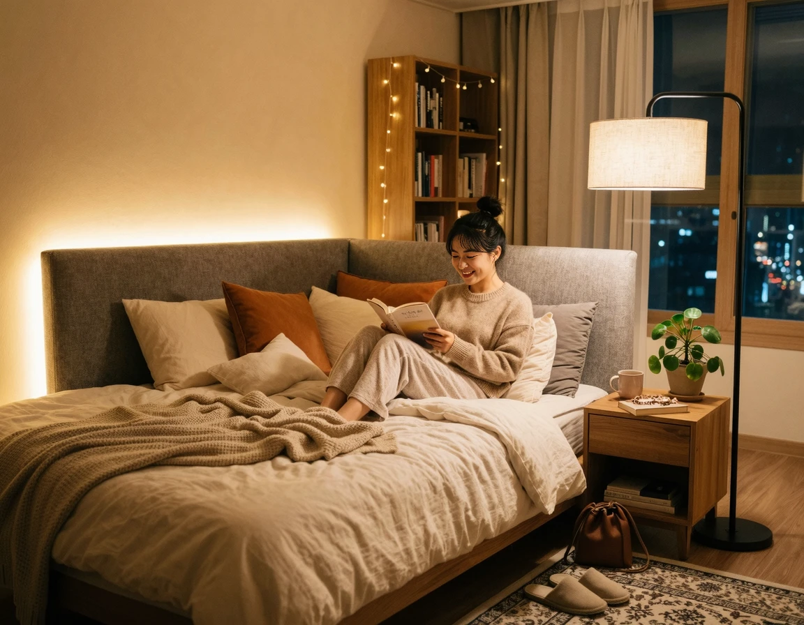 플로어 스탠드와 간접 조명으로 아늑하게 꾸며진 침실