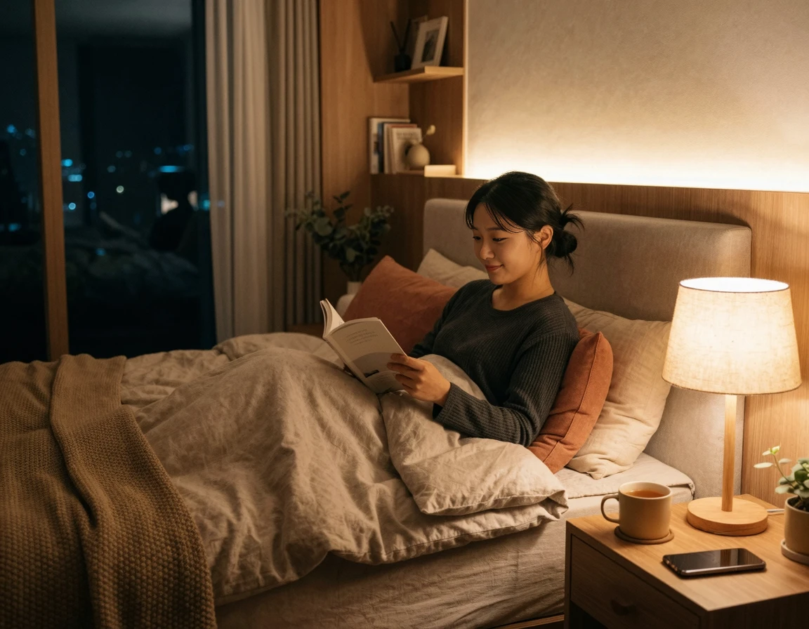 따뜻한 색온도의 조명으로 아늑하게 꾸며진 침실 인테리어