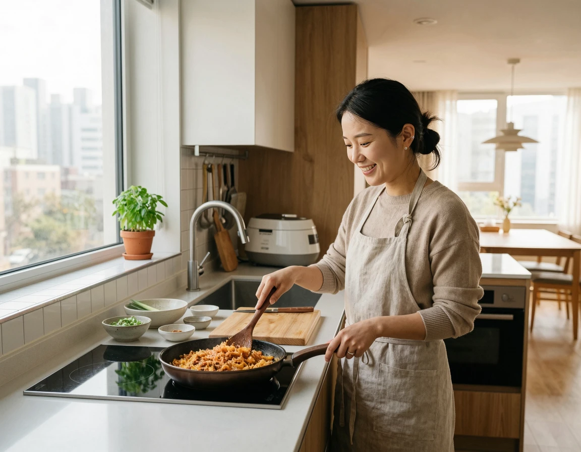 인체공학적으로 설계된 현대적인 주방 인테리어 전경