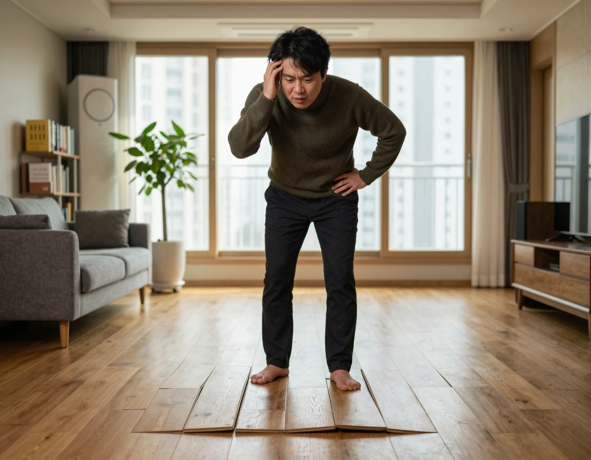 들뜬 바닥재를 보며 고민하는 40대 남성