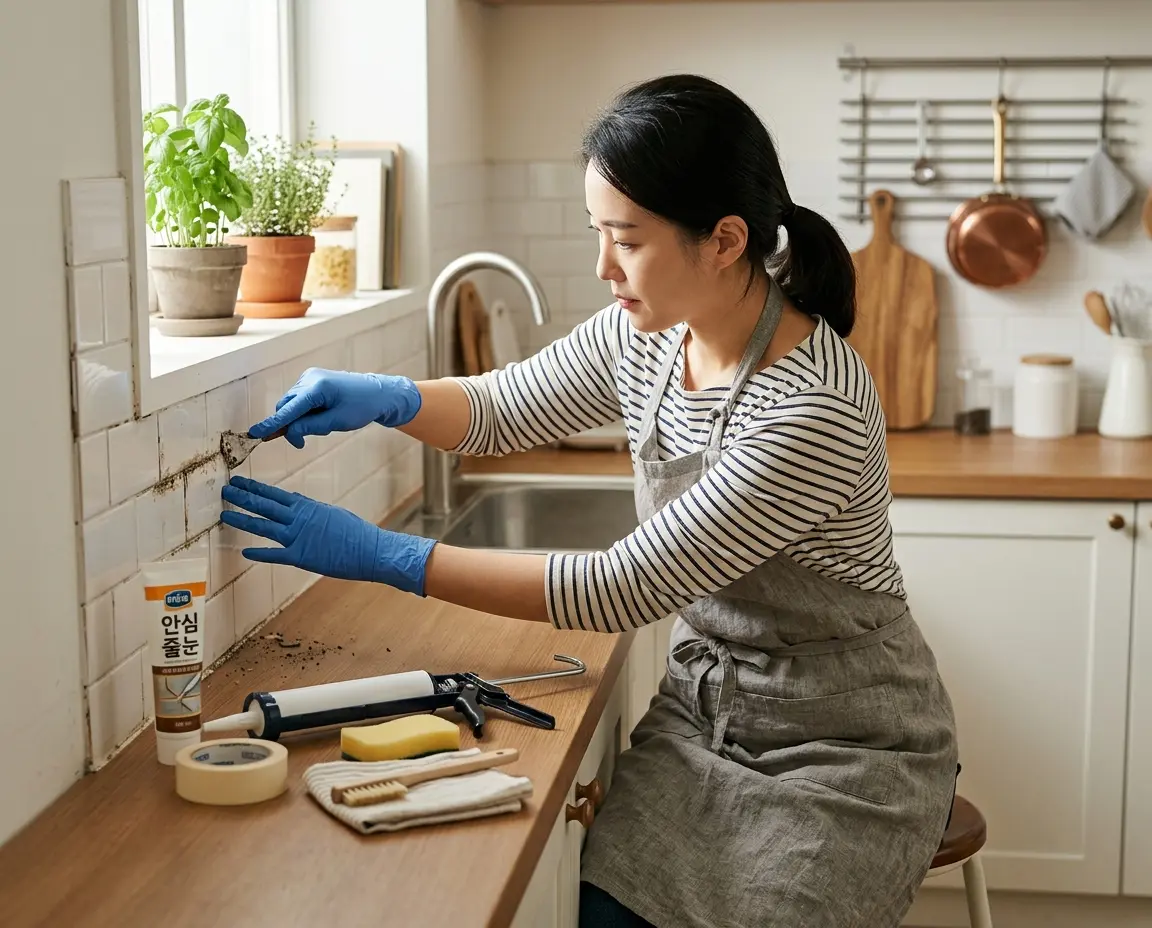 10년 안심 주방 타일 줄눈 곰팡이 셀프 보수 및 재시공 방법