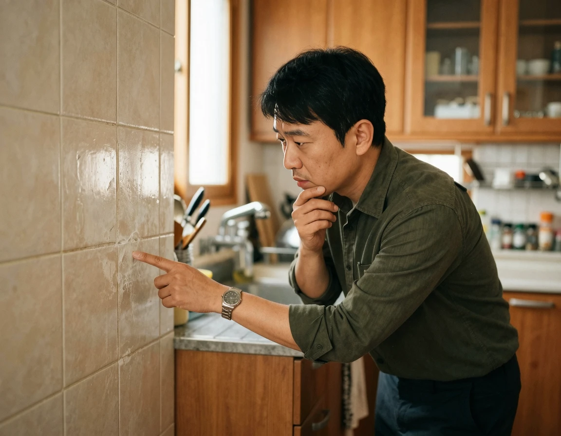주방 타일의 하얀 얼룩을 심각하게 살펴보는 남성