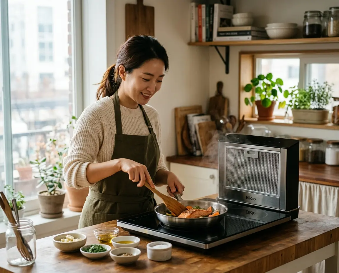 인덕션 옆에 설치된 탁상형 미니 후드