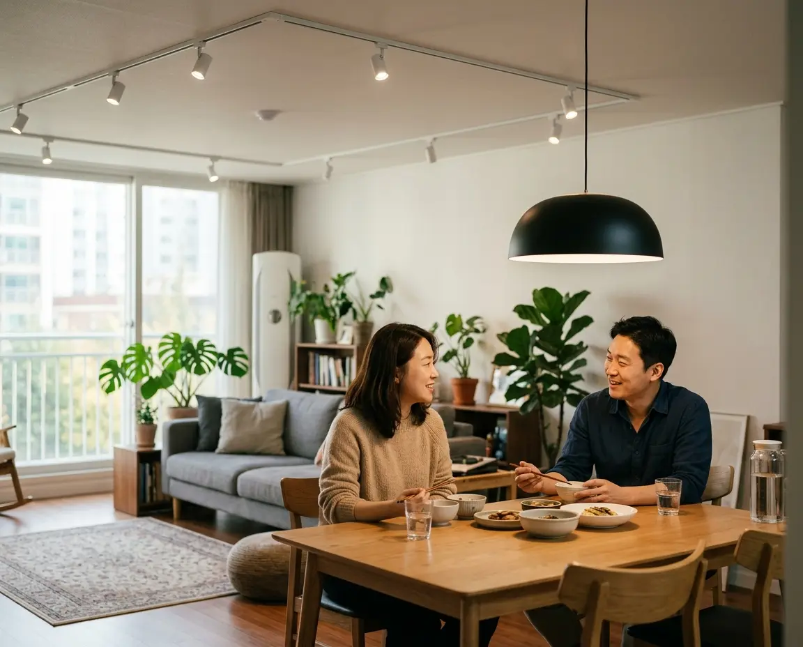 레일 조명과 포인트 펜던트를 활용한 2.5m 천장 거실