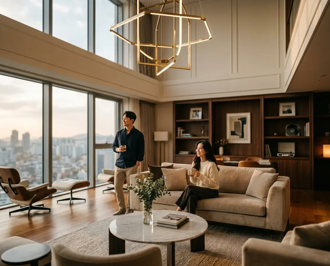 화려한 샹들리에가 돋보이는 2.7m 이상 높은 천장의 거실
